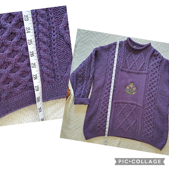 Vintage Acorn Chunky Aran Knit Purple Wool Thistle Fisherman Sweater - Picture 15 of 16